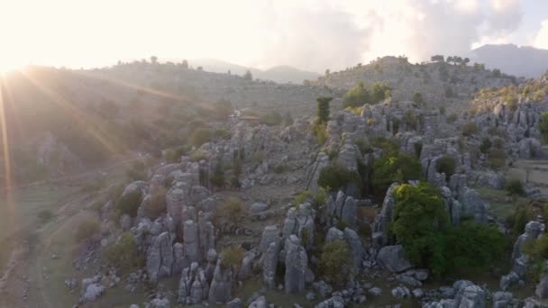 Flygdrönare utsikt över bergsdalen med vackra klippformationer. — Stockvideo