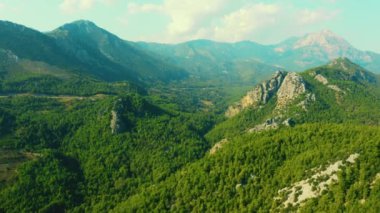 Yeşil ormanlarla kaplı dağların insansız hava aracı manzarası.