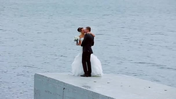 Bride and groom kissing and cuddling — Stock Video