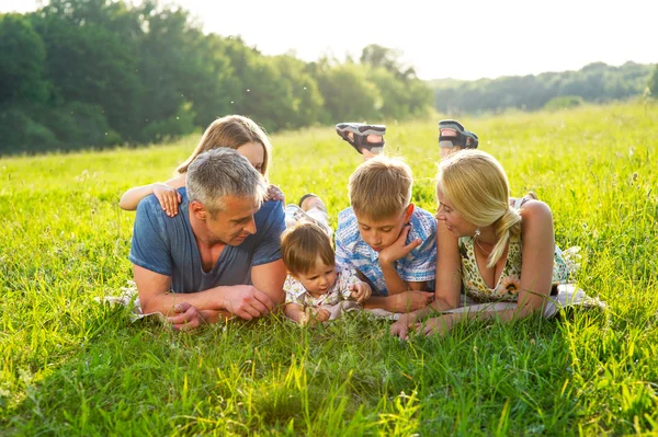 Щаслива сім'я лежить на траві . — стокове фото