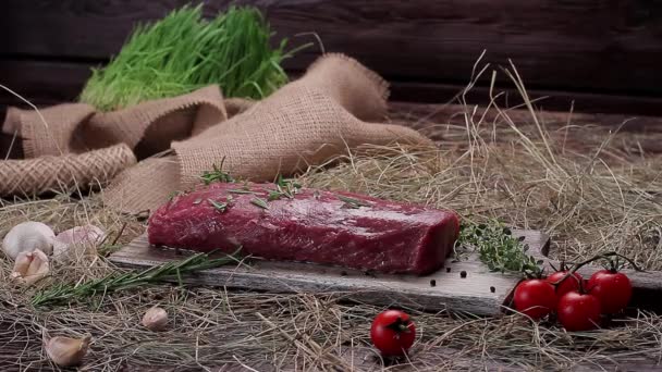 Ruwe rundvlees gemarineerd in kruiden. — Stockvideo