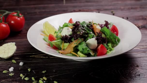 Salad with salmon. — Stock Video