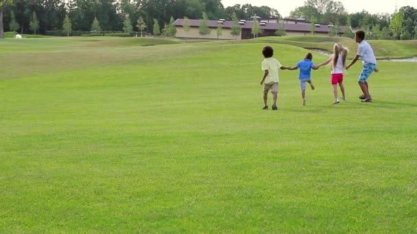 Четверо детей играют на поляне . — стоковое видео