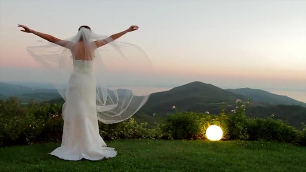 Bruid genieten van de zonsondergang. — Stockvideo