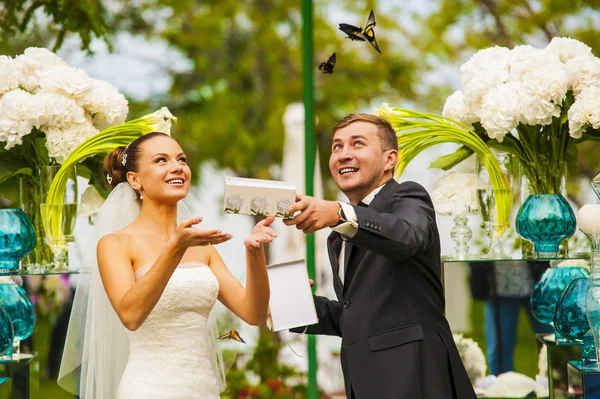 Os recém-casados estão a olhar para a borboleta voadora . — Fotografia de Stock