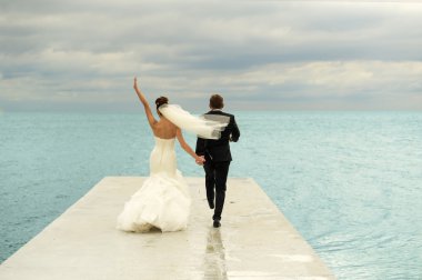 Güzel yeni evliler iskelede atlama vardır.