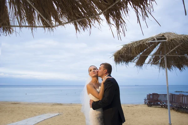 Los recién casados están de pie en la playa . — Foto de Stock