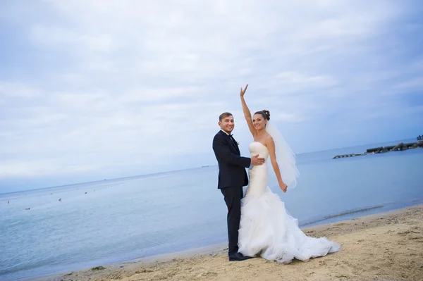 Belos recém-casados estão de pé na praia . — Fotografia de Stock