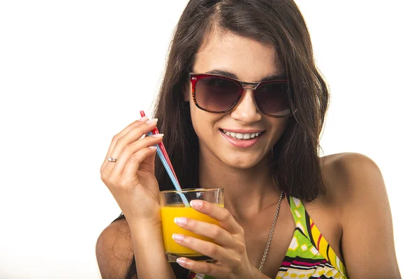 Pretty lady with orange juice. — Stock Photo, Image