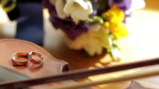 Los anillos de boda están en el violín. . — Vídeos de Stock