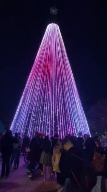 Orlando, Florida - 12.11.2023: Pembe ve beyaz ışıklarla parlayan bir koni ağacı aşağıda toplanıyor. İnsanlar geceleri canlı bir şehir meydanında tatil atmosferinin tadını çıkarıyorlar..