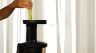 Meyve sıkacağı makine ekleme kereviz kadının el.