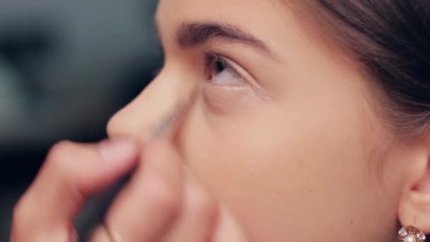 Maquillaje artista haciendo maquillaje para la actriz . — Vídeos de Stock