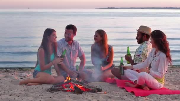Fröhliche junge Leute trinken Getränke am See. — Stockvideo