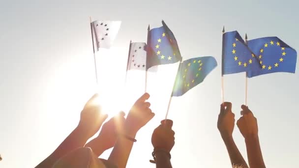 人们拿着欧洲联盟的旗帜. — 图库视频影像