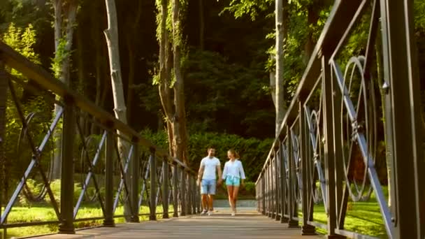 Guy e una ragazza che camminano su un ponte nel parco . — Video Stock