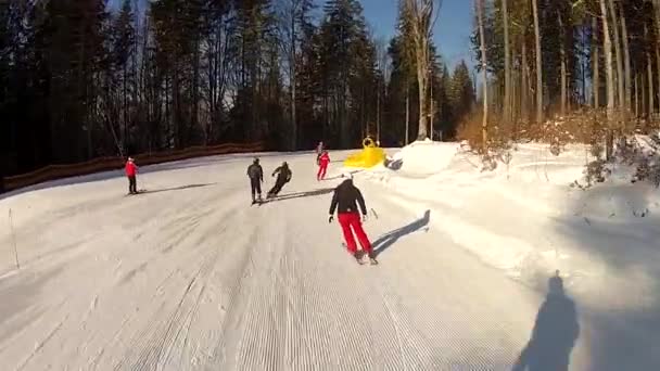 Esqui descendo a pista de esqui em Bukovel, Ucrânia — Vídeo de Stock