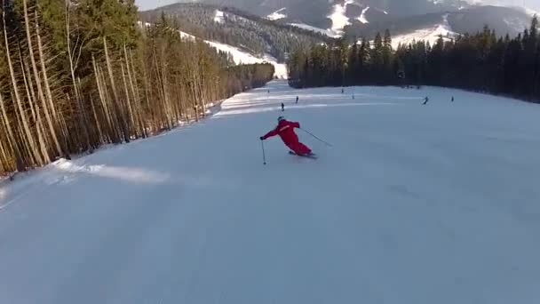 Skidåkare går ner pisterna i Bukovel, Ukraine — Stockvideo