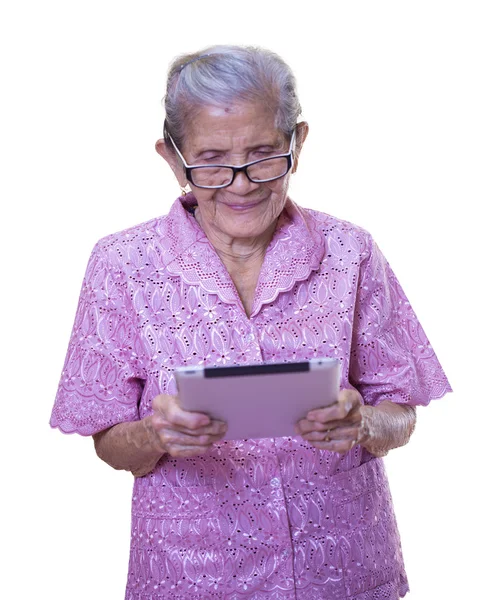 Asiatische Seniorin mit Tablet. — Stockfoto