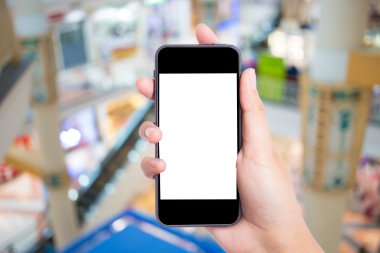 Fotoğraf boş. Kadın el boş mobil akıllı telefon tutarak