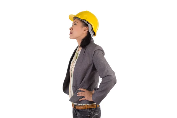 Jonge vrouwelijke ingenieur met geïsoleerde op witte achtergrond — Stockfoto