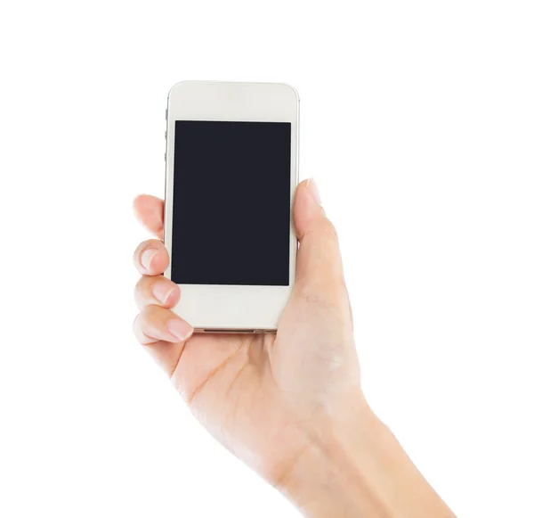 Human hand holding blank mobile smart phone isolated on white ba — Stock Photo, Image