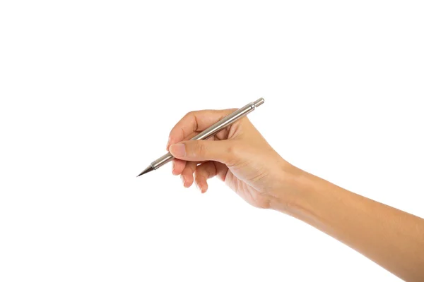 Penna in mano isolata su sfondo bianco Foto Stock Royalty Free