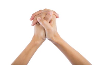 Beyaz arka plan üzerinde izole dua eden eller.