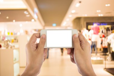 Fotoğraf boş. Kadın el boş mobil akıllı telefon tutarak
