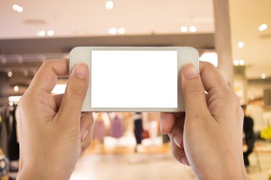 Fotoğraf boş. Kadın el boş mobil akıllı telefon tutarak