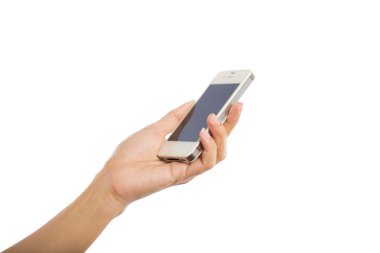 İnsan eli boş mobil akıllı telefon üzerinde beyaz ba izole tutarak