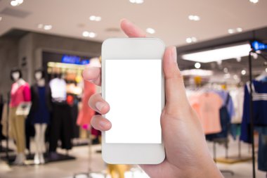 Fotoğraf boş. Kadın el boş mobil akıllı telefon tutarak 