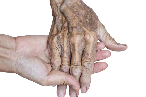 Hand van vrouw aanraken senior vrouw. — Stockfoto