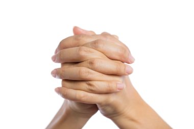 Beyaz arka plan üzerinde izole dua eden eller.