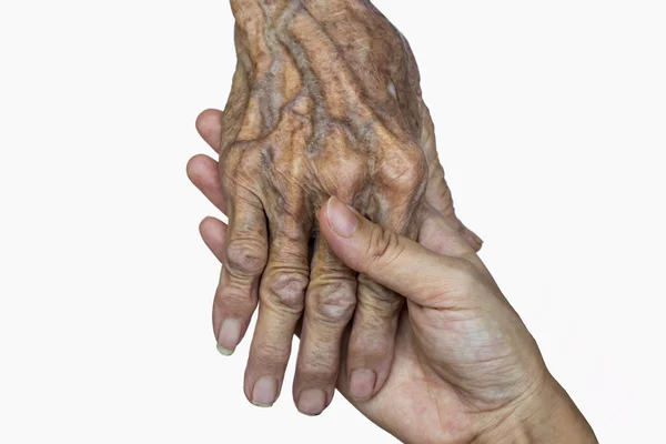 De oude vrouw handen op witte achtergrond — Stockfoto