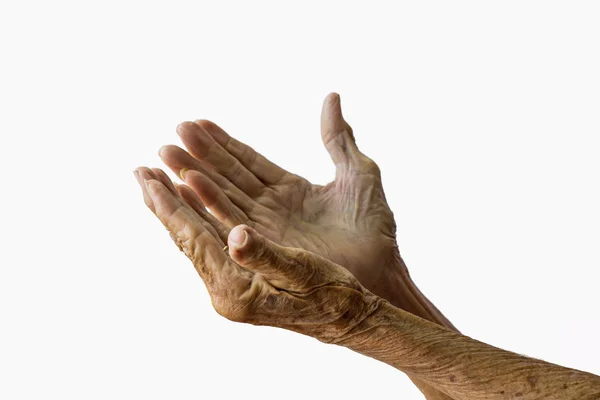 Yaşlı kadının beyaz arka plan üzerinde eller