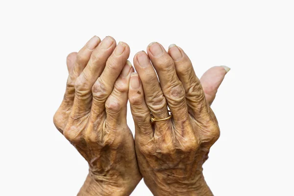As mãos da velha mulher no fundo branco — Fotografia de Stock