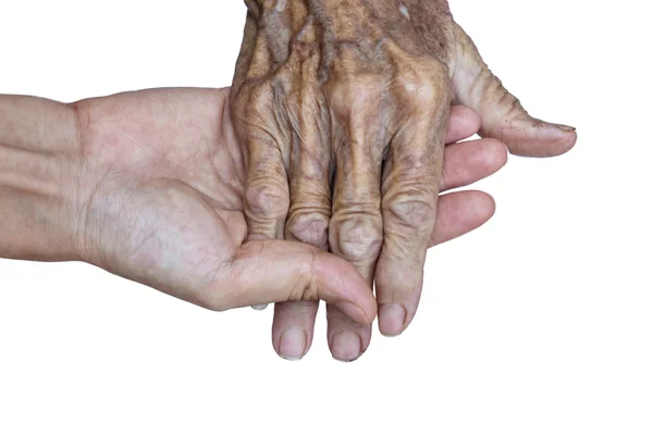 As mãos da velha mulher no fundo branco — Fotografia de Stock