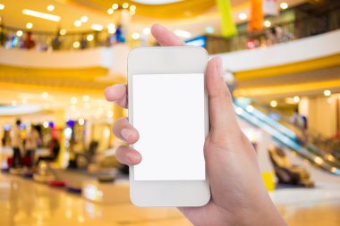 Fotoğraf boş. Kadın el t boş mobil akıllı telefon tutarak