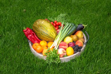 Arkaplan olarak yeşil çimenler üzerinde ahşap tepside meyveler ve sebzeler