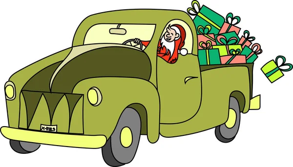 Santa Claus Trae Coche Carga Con Regalos Navidad Colores — Archivo Imágenes Vectoriales