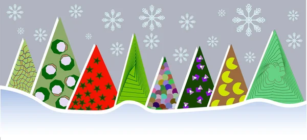 Abstrakte Farbige Dreieckige Neujahrs Und Weihnachtsbäume Einer Schneewehe — Stockvektor