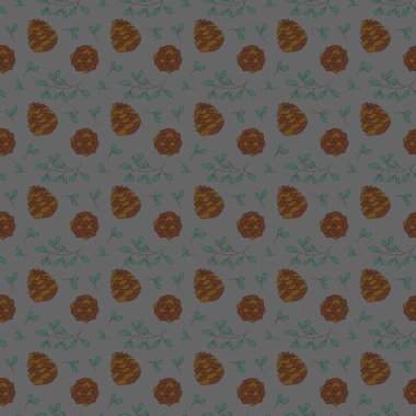 Yeşil yapraklı ve yeşil arka planda çam kozalaklı kusursuz bir Noel deseni.