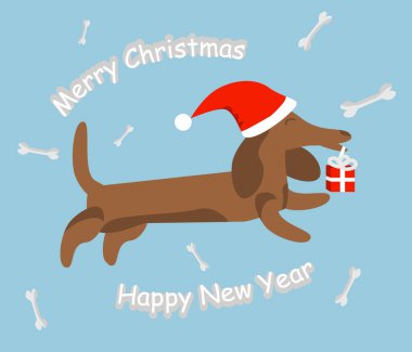 Noel ve Noel tebrik kartı ve Noel Baba şapkalı bir daksund.