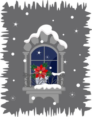 Karla kaplı penceresinde parlak noktalı Noel tebrik kartı
