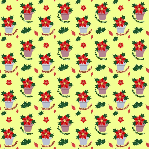 Seamless Pattern Christmas Poinsettia Plant Pot Yellow Background — Stock Vector