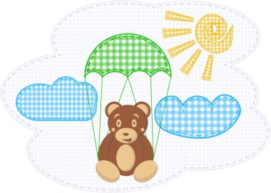 Cute composition with sun, clouds and teddy bear on parachute