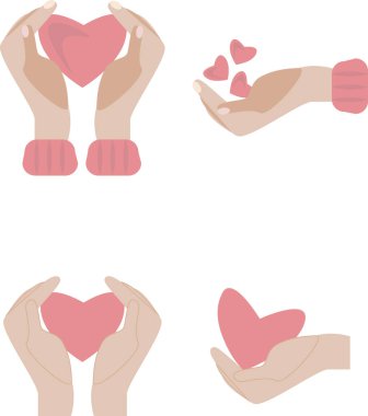 Sevgililer Günü simgeleri dizisi, elleri ve kalpleri düz.