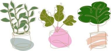 Soyut ev bitkilerine sahip üç simge kümesi asgari biçimde çiziliyor