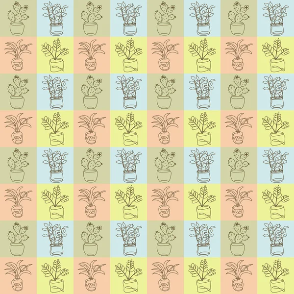 Patrón Sin Costuras Con Cuadrados Pálidos Plantas Caseras Dibujadas Estilo — Vector de stock